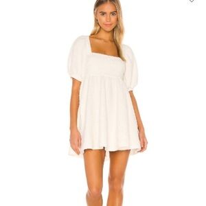 FREE PEOPLE Textured Balloon Sleeve Belted Ivory Mini Dress Size S